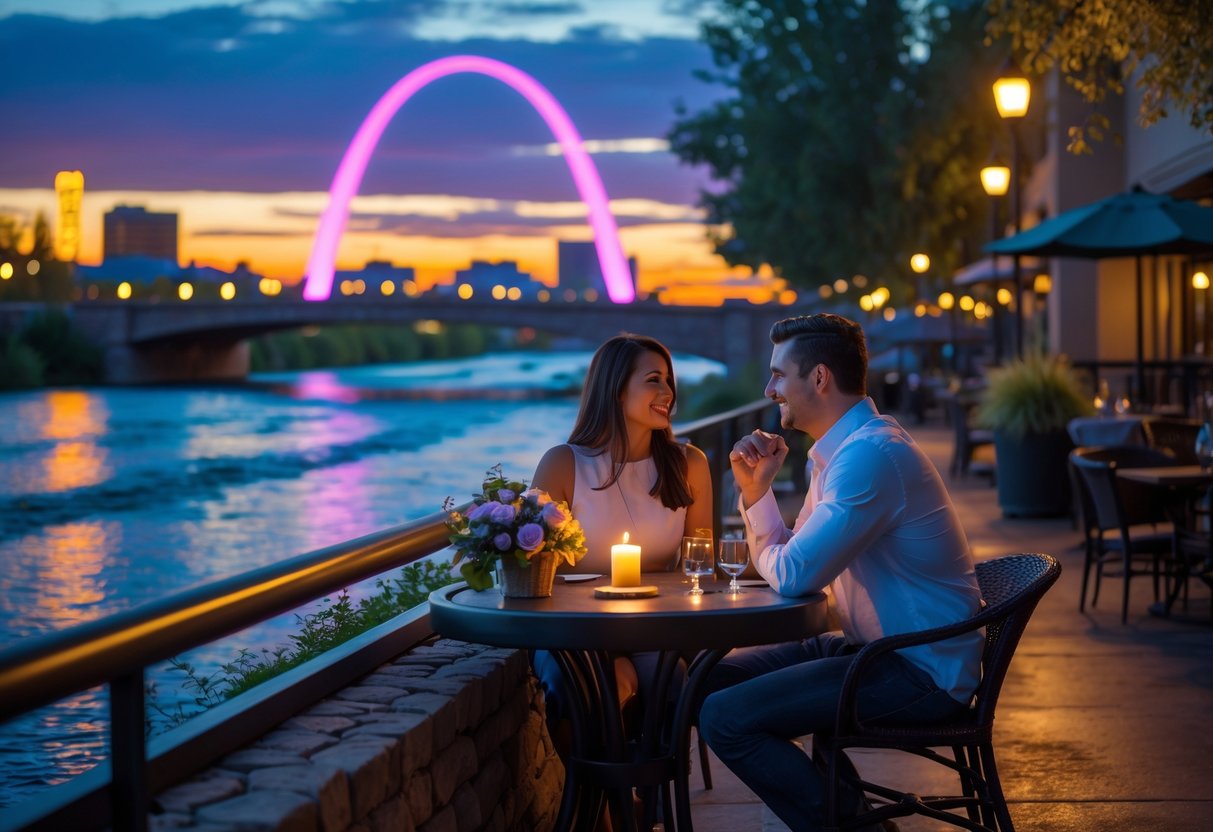 A couple enjoying a romantic evening date by the river in Reno with city lights and a glowing arch in the background.