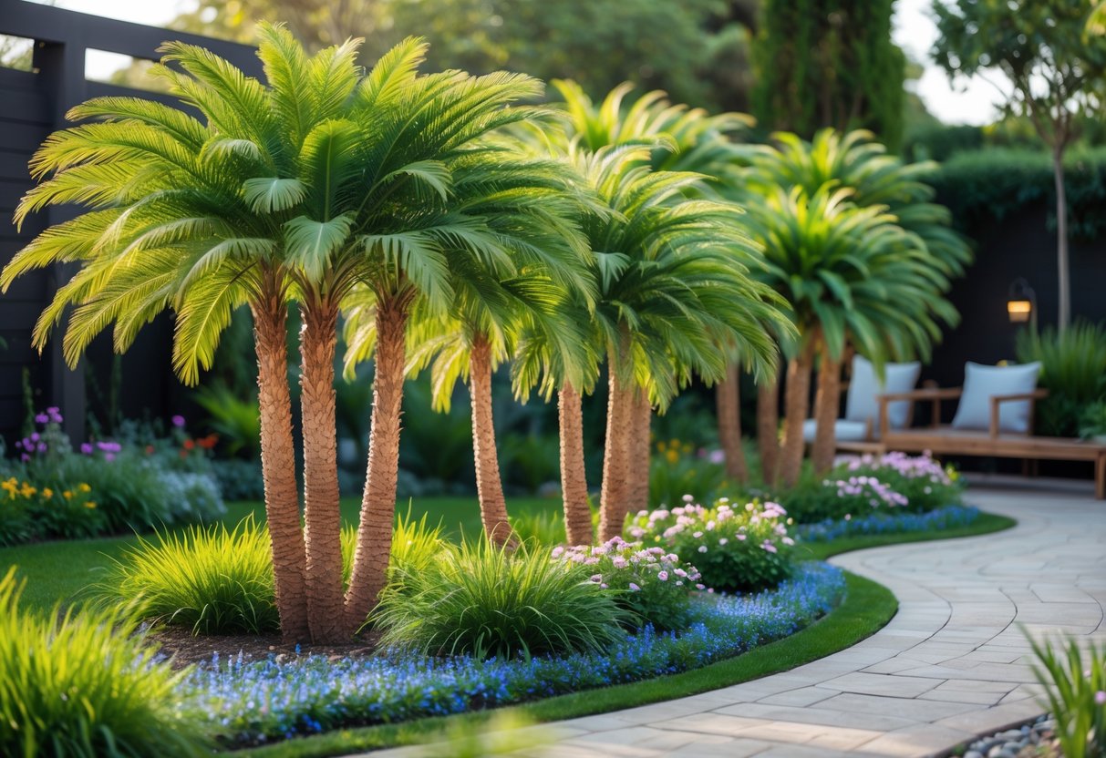 A garden with several pygmy date palm trees, colorful flowers, green grass, and a stone pathway under natural sunlight.