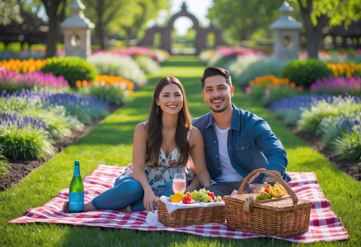 A young couple having a picnic on a blanket surrounded by flowers and greenery in a botanical garden.