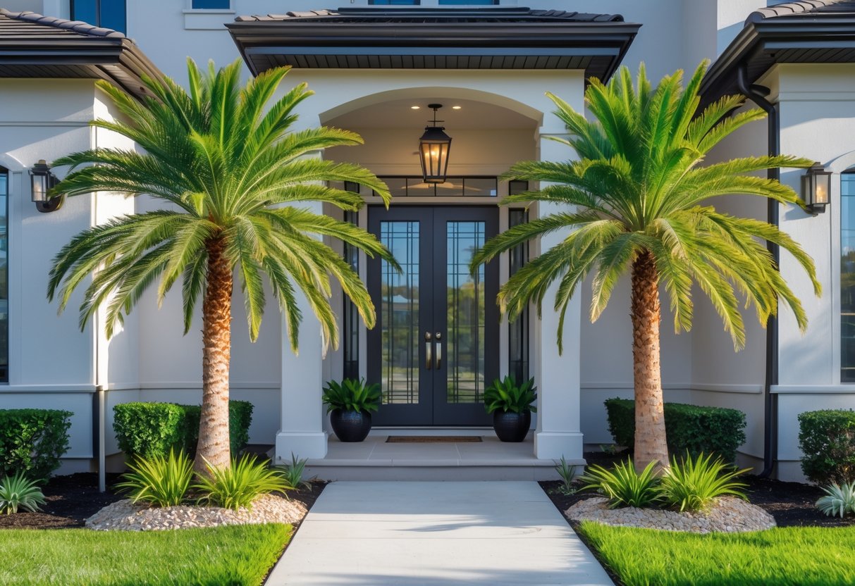 Front entrance of a house with two pygmy date palms planted on each side of the door.