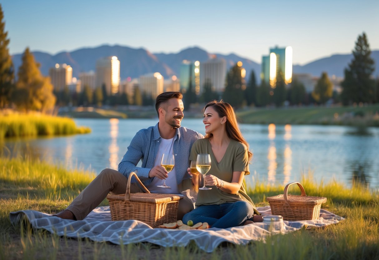 A couple enjoying a picnic by a lake with the Reno skyline and mountains in the background during sunset.