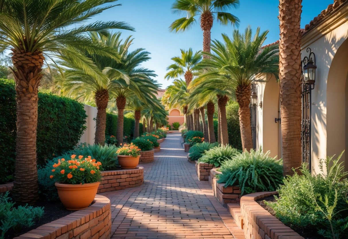 A garden pathway lined with small palm trees and brick paving under a clear sky.