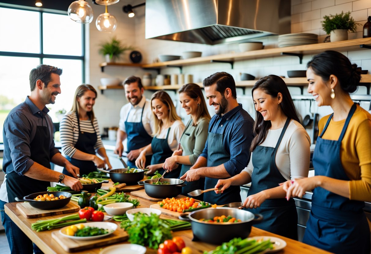 Couples cooking together in a modern kitchen, preparing food and enjoying the activity.