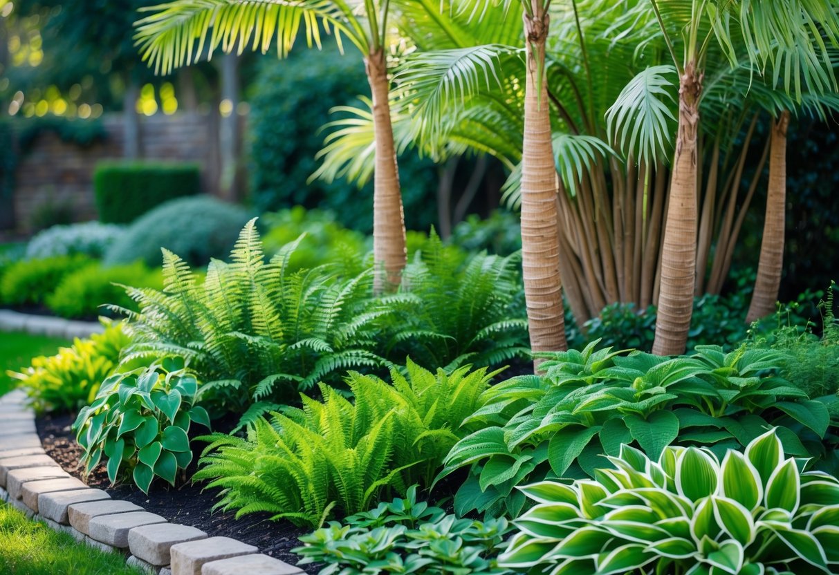 A garden area with pygmy date palms surrounded by lush ferns and hostas.
