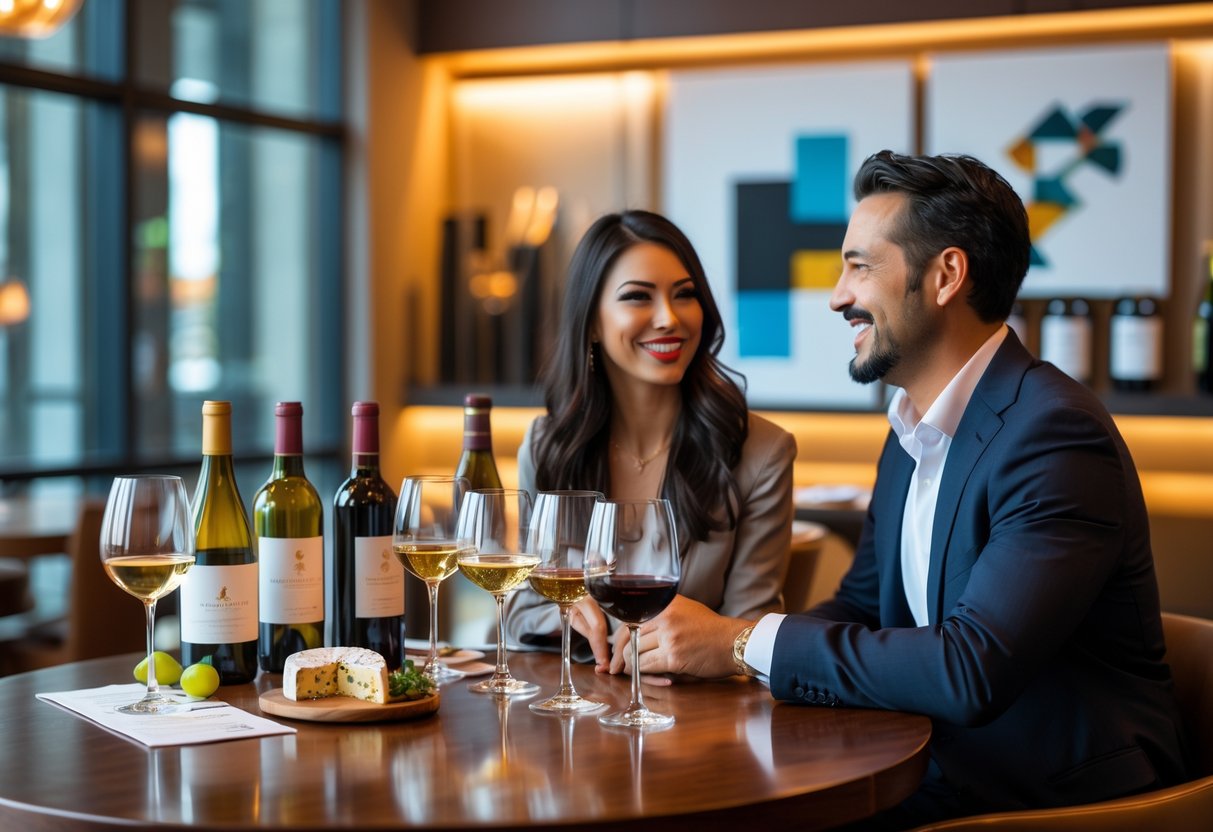 A couple enjoying wine tasting at a stylish table inside a modern hotel with artwork in the background.