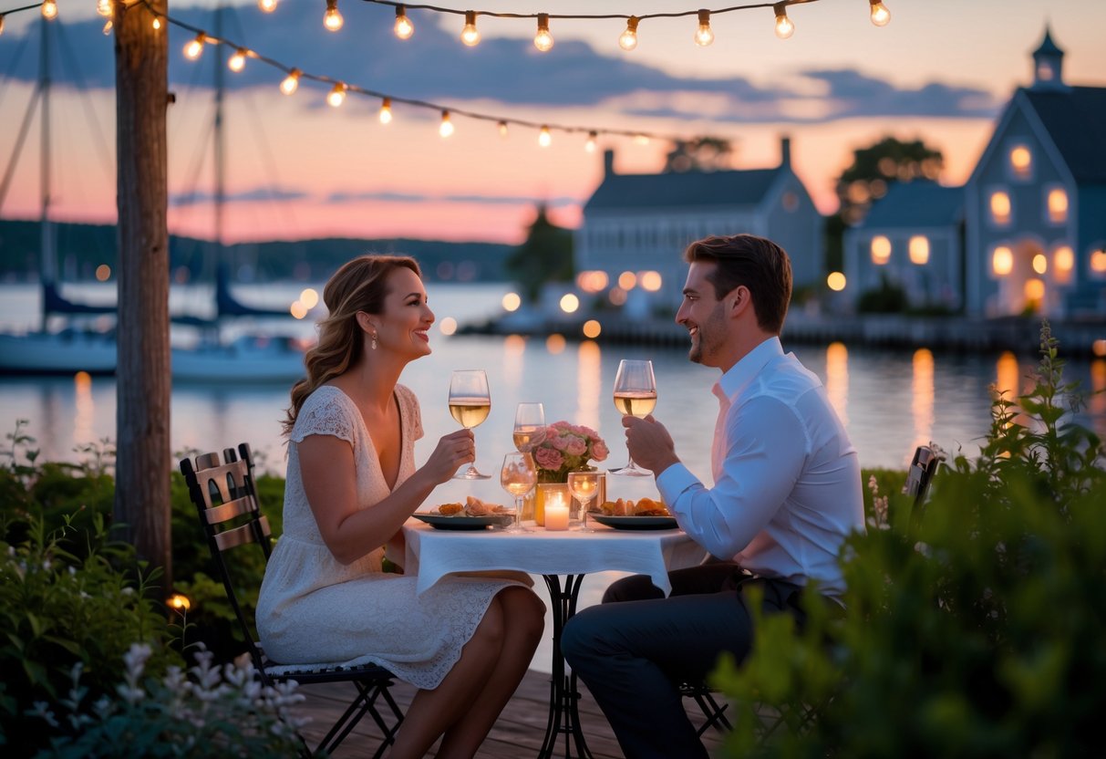 A couple enjoying a romantic date night at a waterfront table in Rhode Island during sunset.