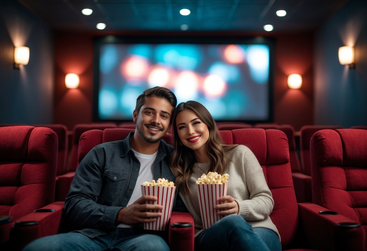 A young couple enjoying a movie night together inside a theater with red seats and dim lighting.
