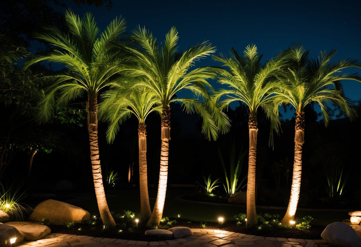 Nighttime garden with pygmy date palms softly lit by warm landscape lights.