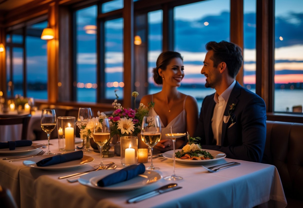 A couple enjoying a romantic dinner at a restaurant with warm lighting and a waterfront view at dusk.