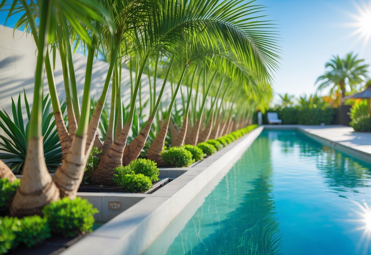 A poolside area with green pygmy date palms planted along the edge, clear blue water, and a sunny sky.