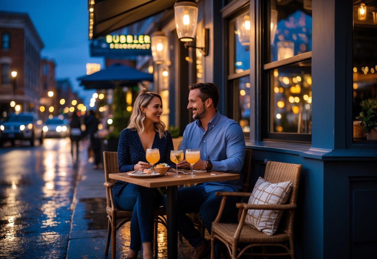A couple enjoying a cozy outdoor dinner at a restaurant in Providence during the evening.