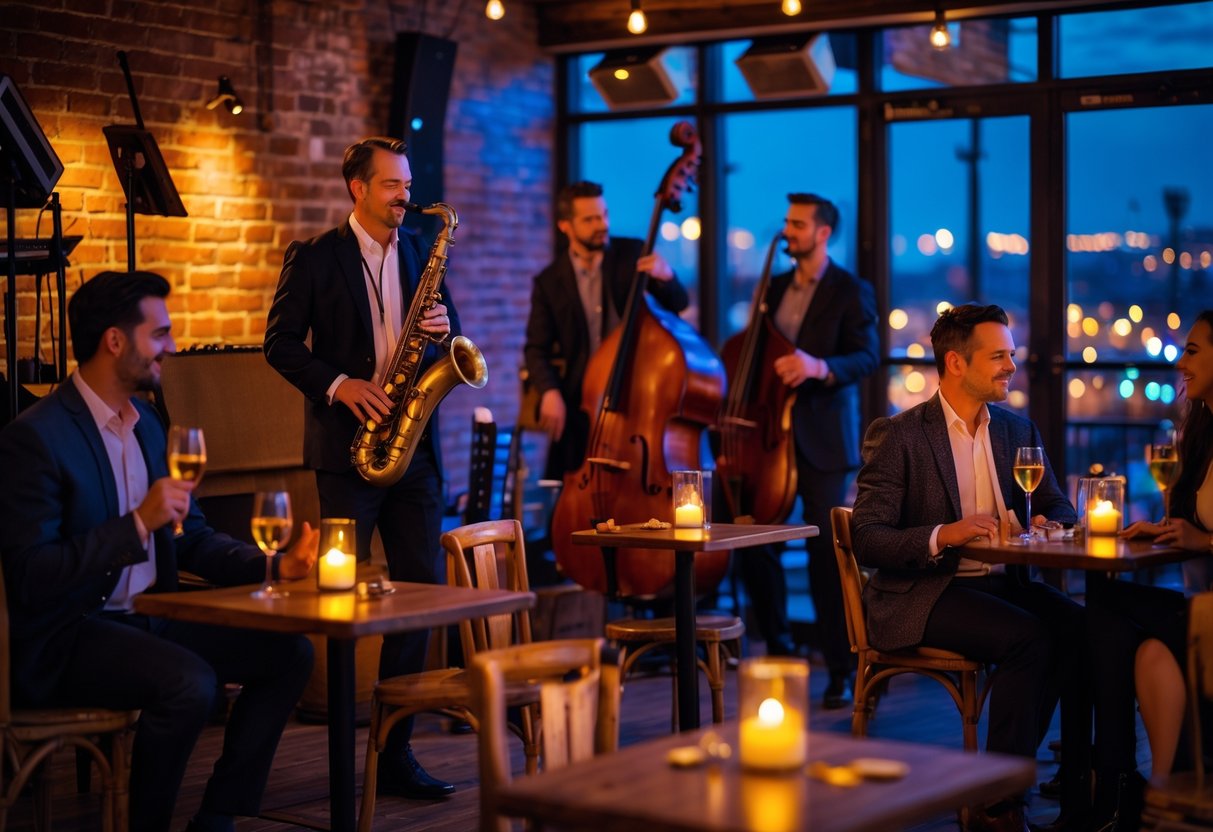 Couples enjoying live jazz music at a cozy venue with a band playing on stage.