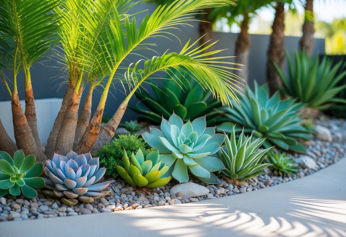 A garden with pygmy date palms and various succulents arranged together outdoors.