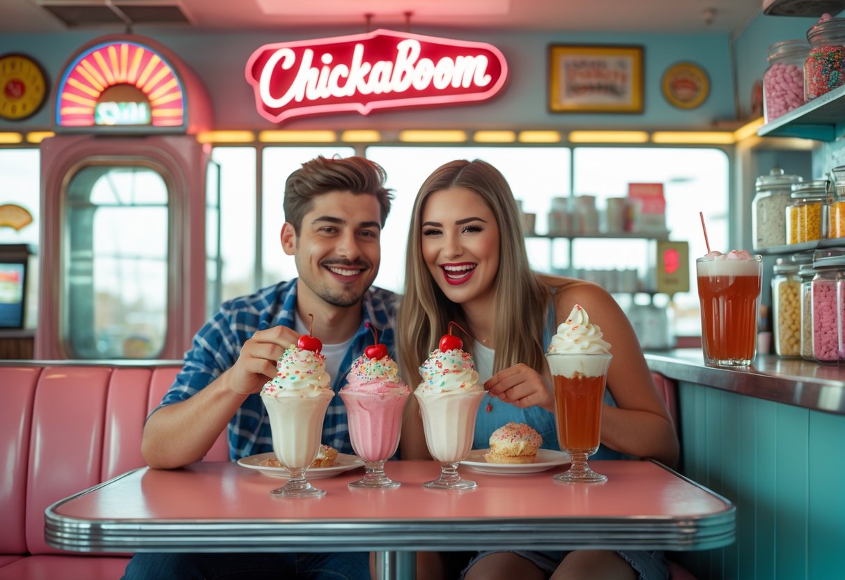 A young couple enjoying ice cream sundaes and soda floats at a retro-style ice cream soda bar.