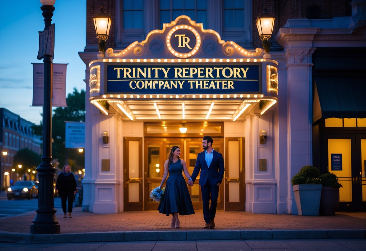 A couple holding hands and smiling outside a historic theater at dusk.