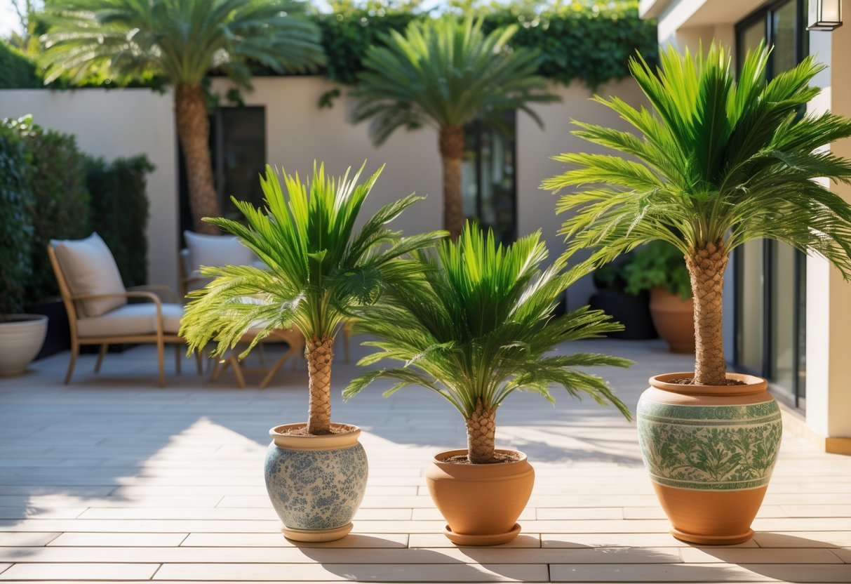 Outdoor patio with several pygmy date palms in decorative pots arranged as accents.