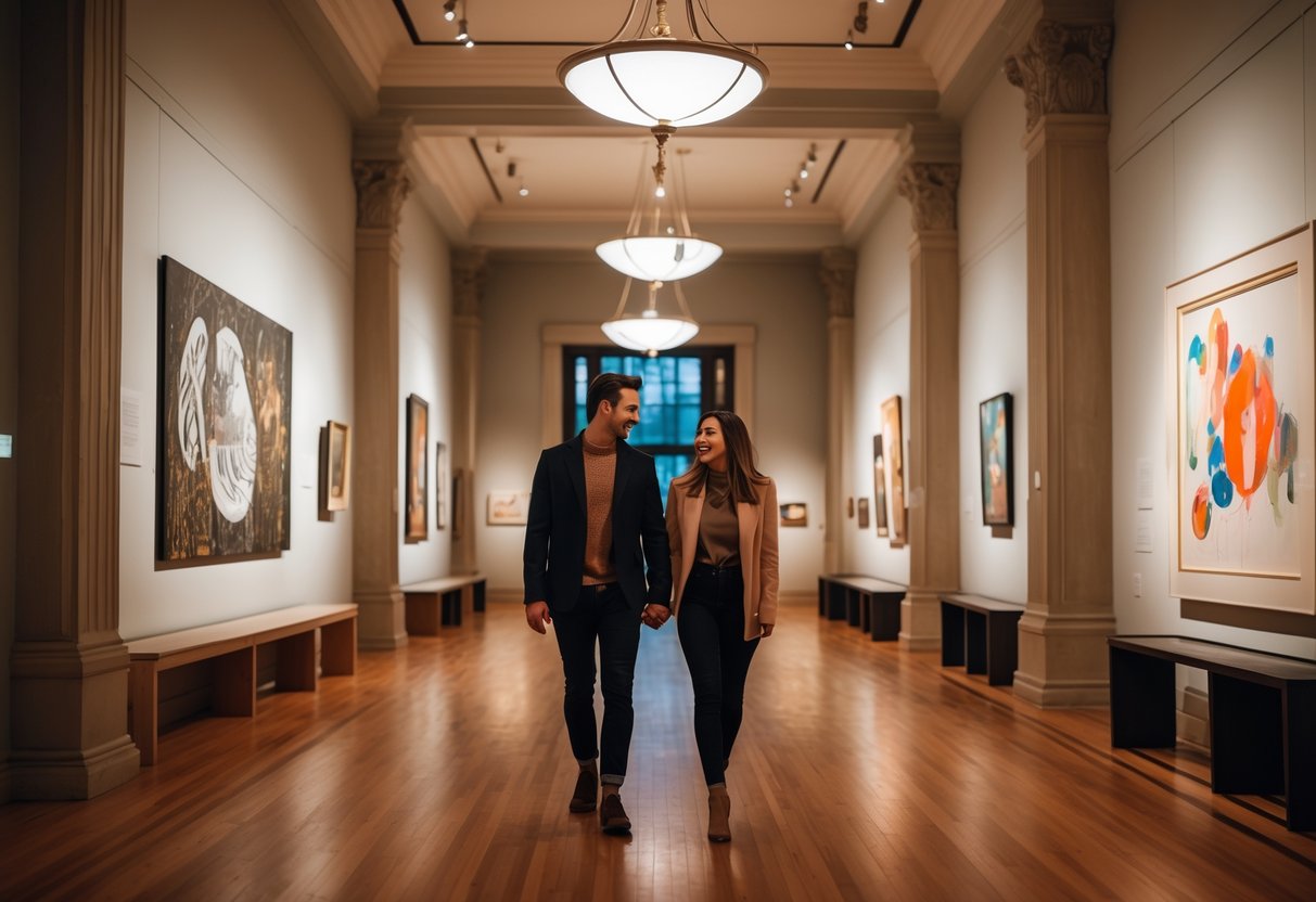 A young couple walking hand-in-hand inside the RISD Museum surrounded by artworks.