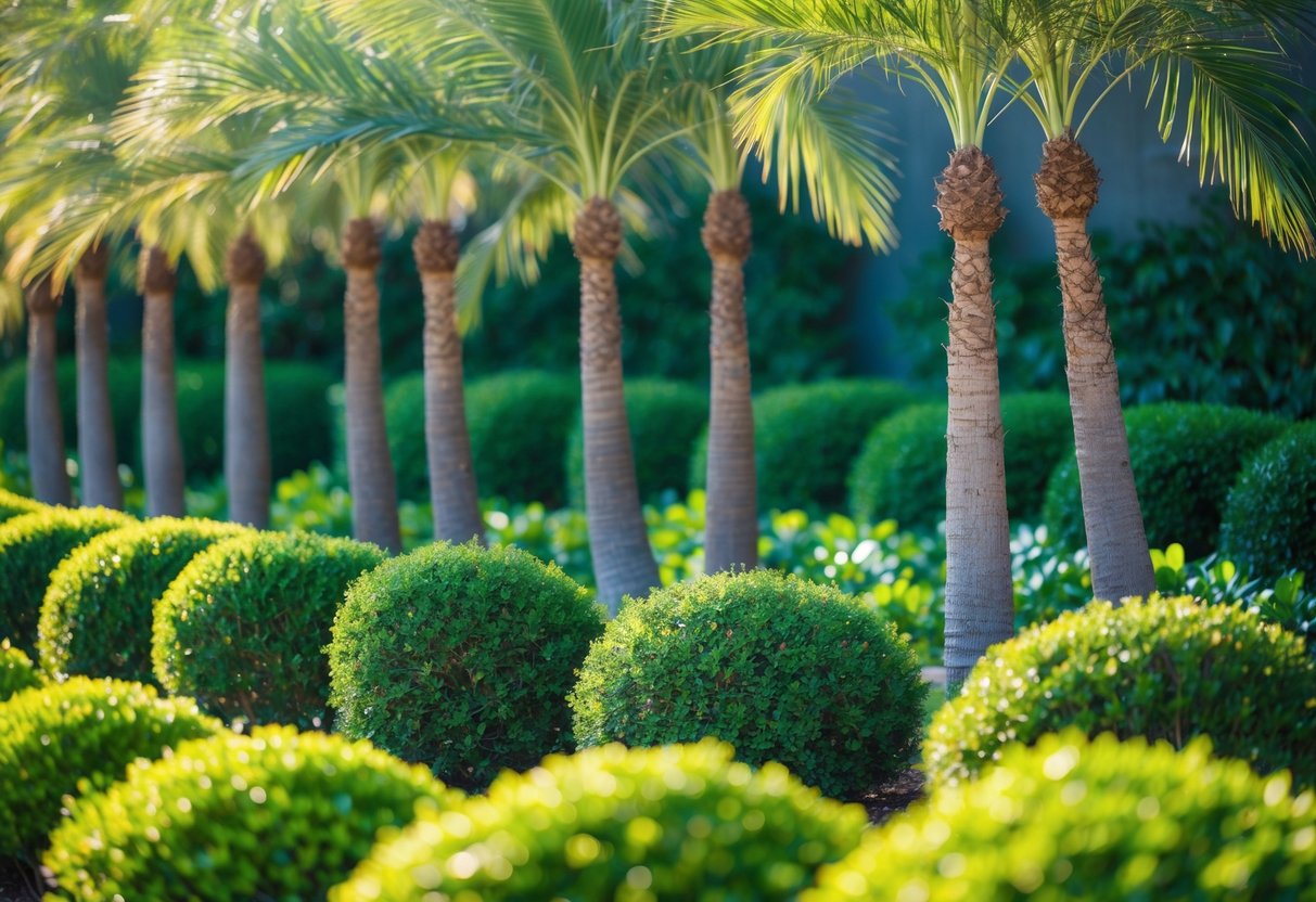 A garden scene with pygmy date palms planted behind low green shrubs.