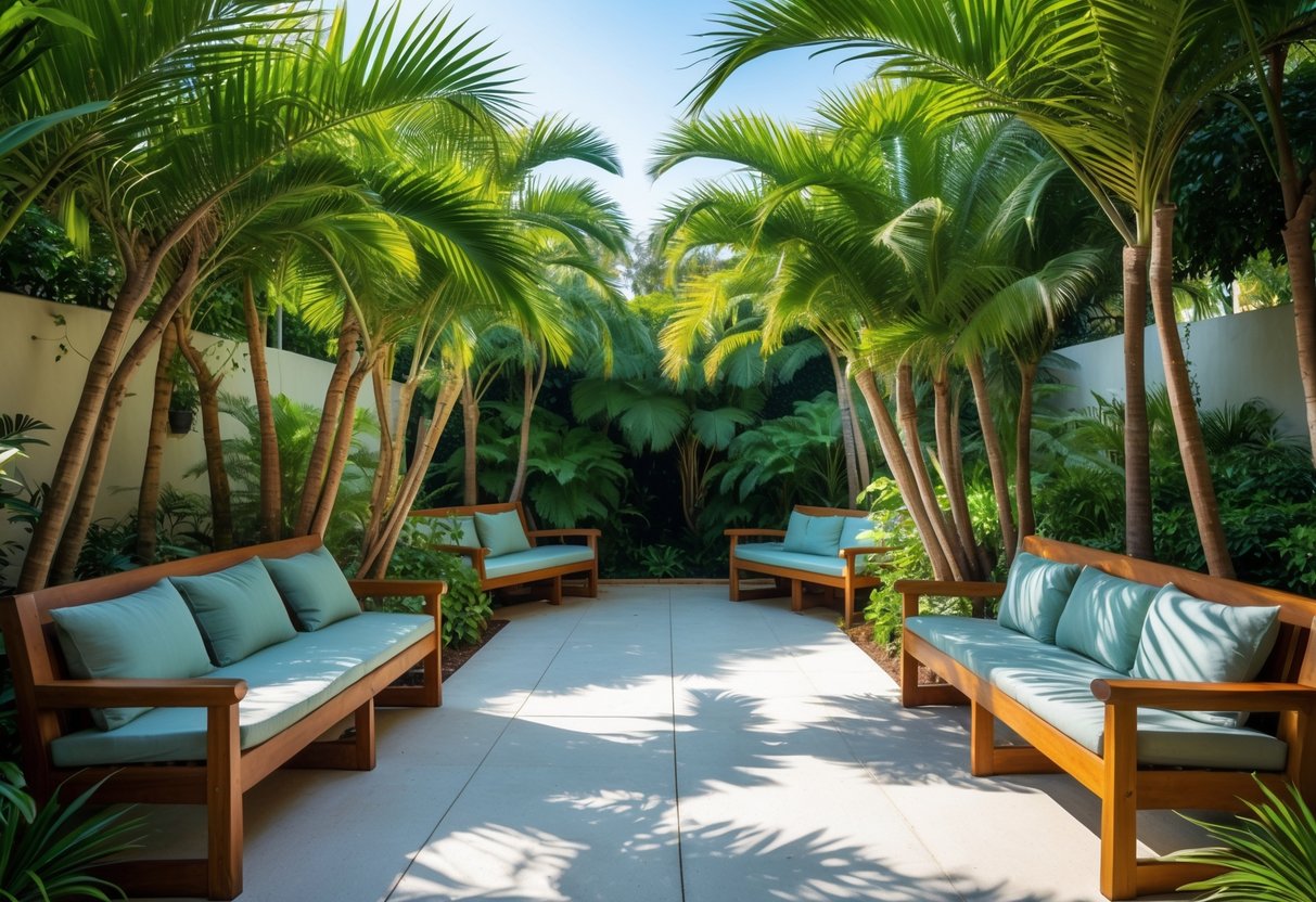 Wooden garden benches surrounded by green pygmy date palms creating cozy outdoor seating areas.