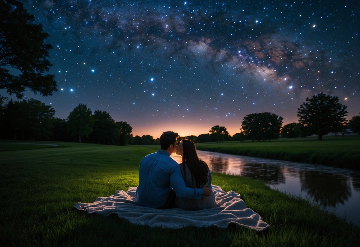 A couple sitting on a blanket by a creek at night, looking up at a star-filled sky surrounded by trees.