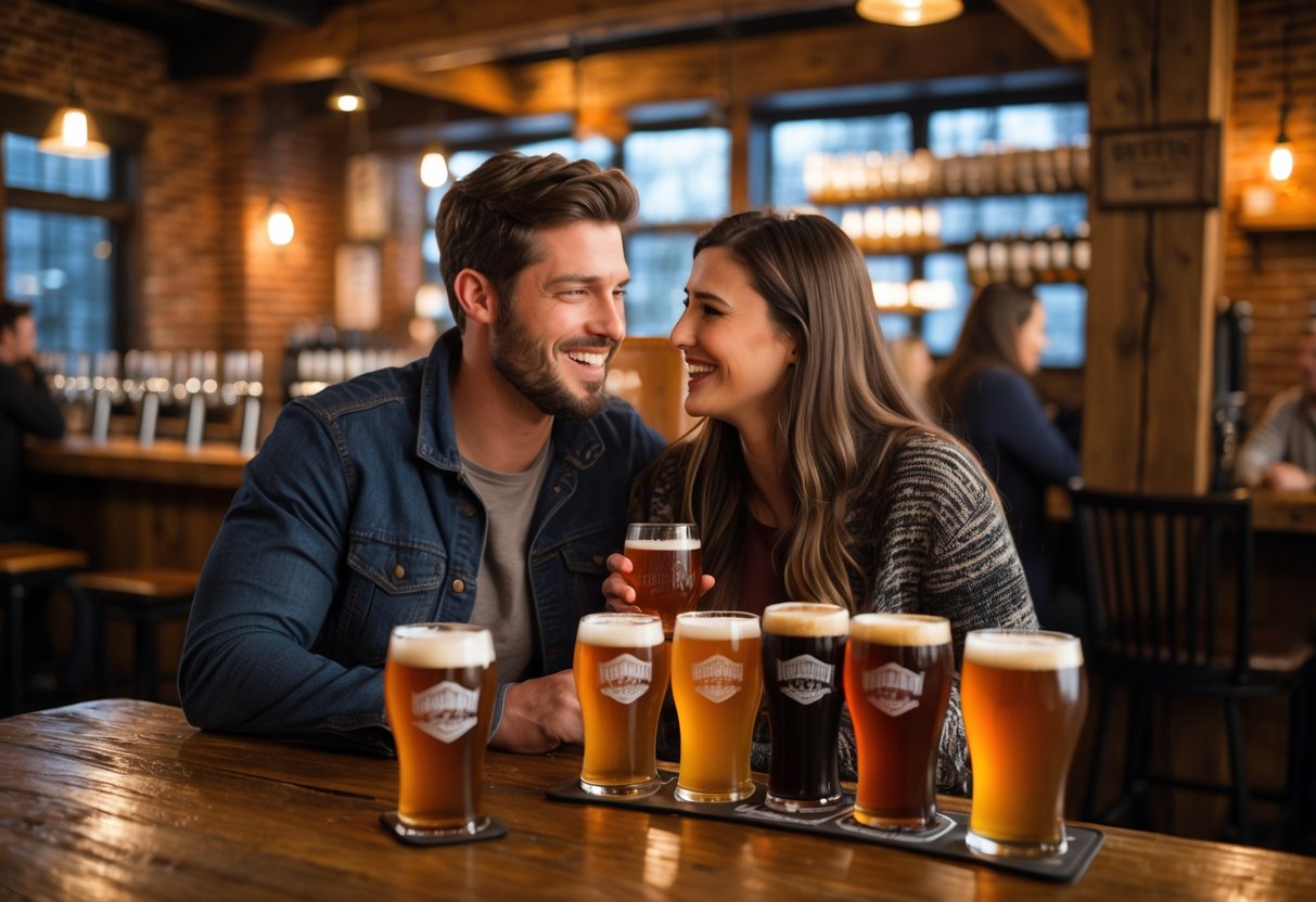 A young couple enjoying craft beers together at a cozy brewery with warm lighting and rustic decor.