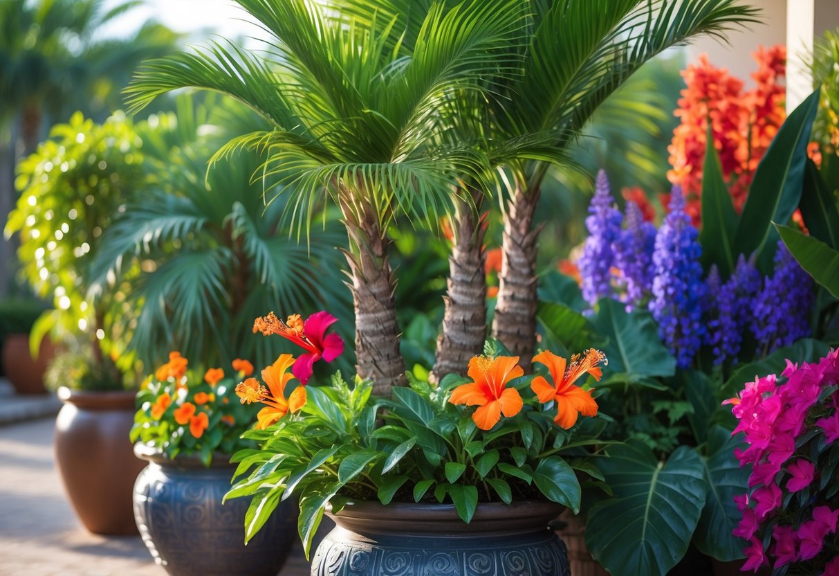 A container garden with pygmy date palms and colorful tropical plants in large pots.
