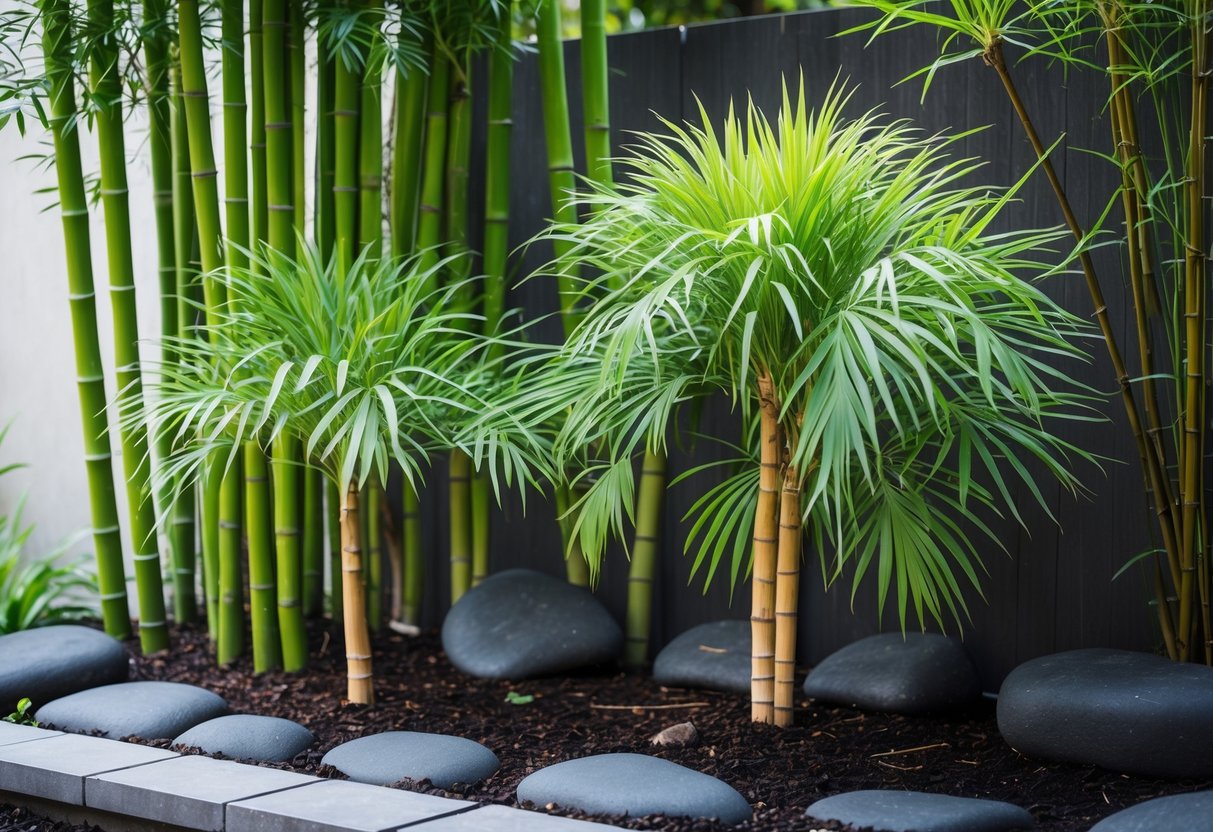 A garden corner with two pygmy date palms next to tall green bamboo stalks surrounded by stones and soil.