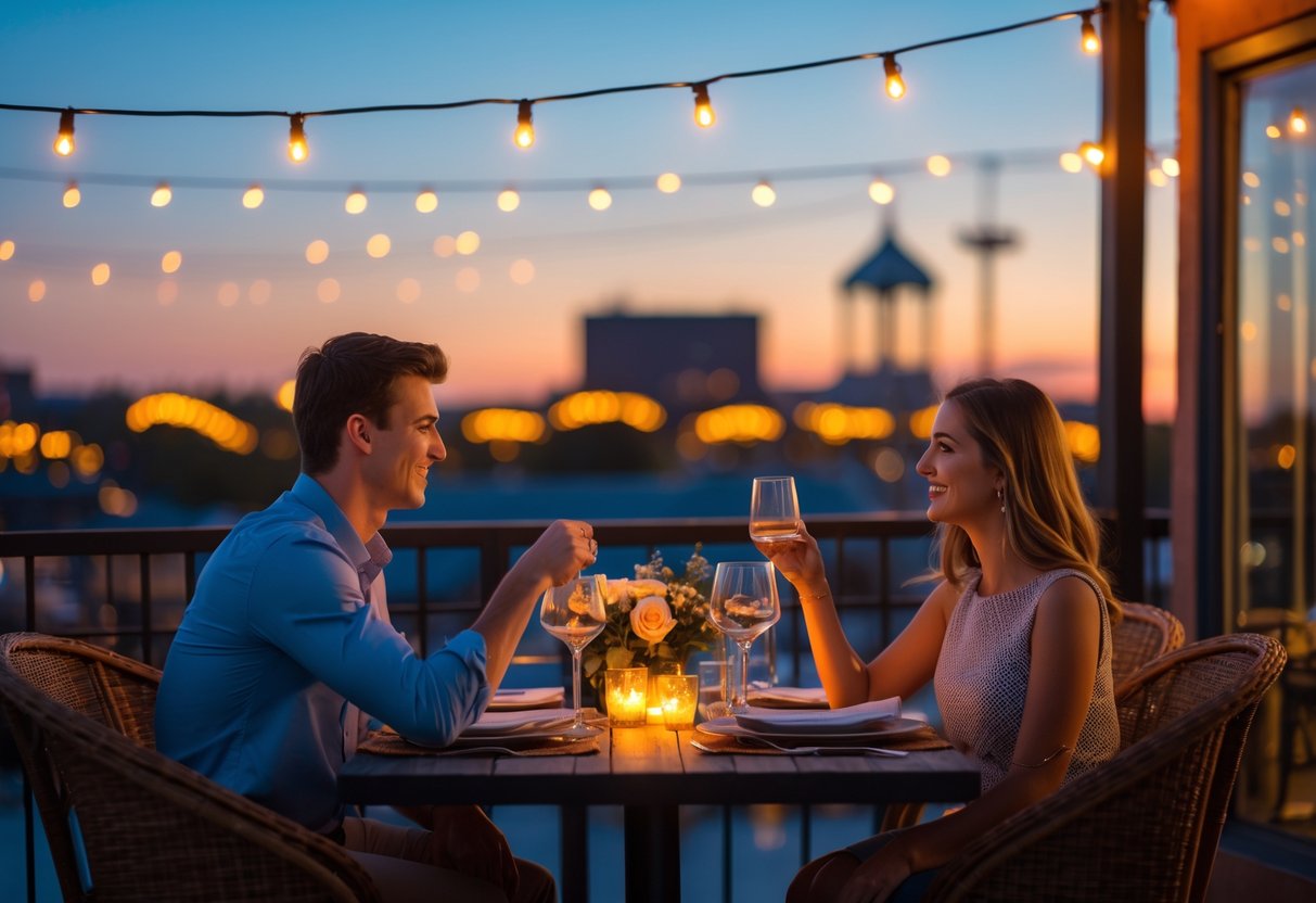 A young couple enjoying a romantic outdoor dinner at dusk in a city setting.