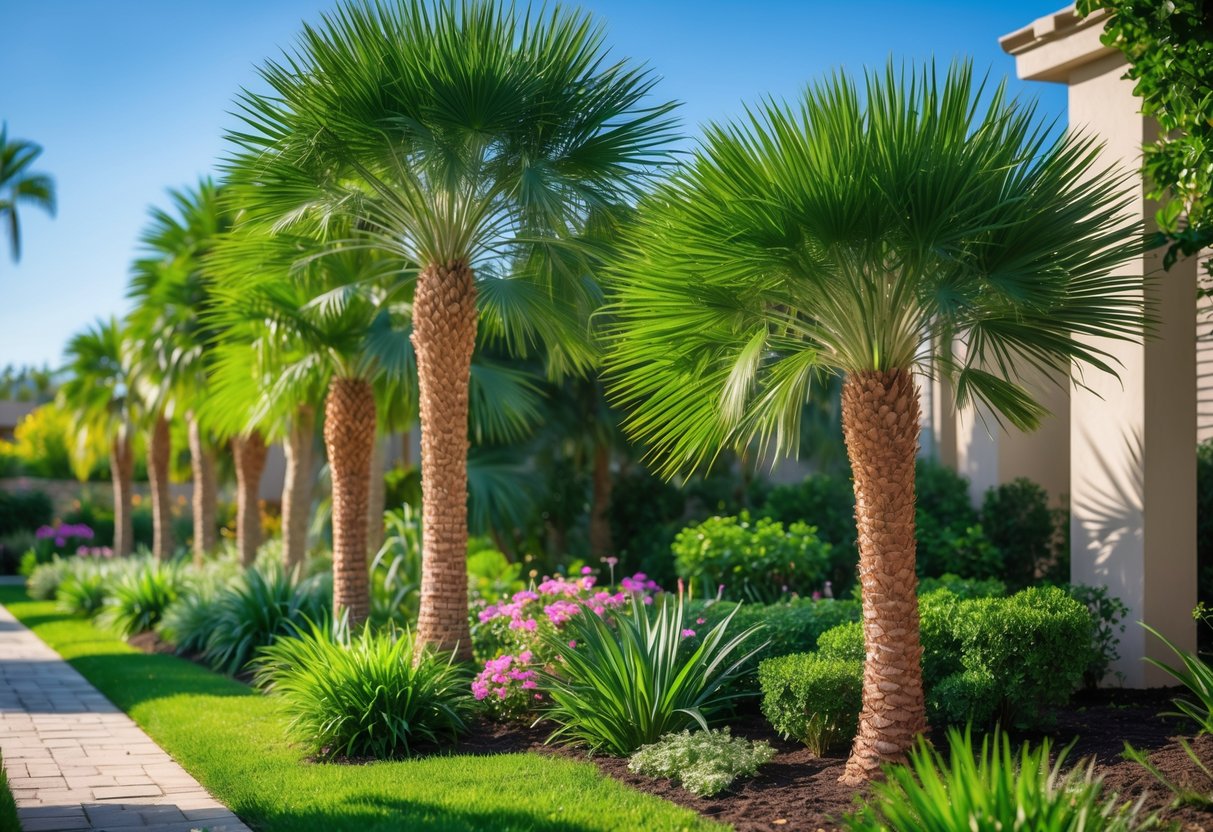 A garden with several pygmy date palms growing in partial to full sunlight alongside flowering plants and a grassy pathway.