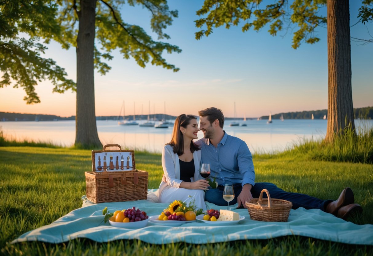 A couple enjoying a picnic together on a blanket near the waterfront at Colt State Park with trees and sailboats in the background.