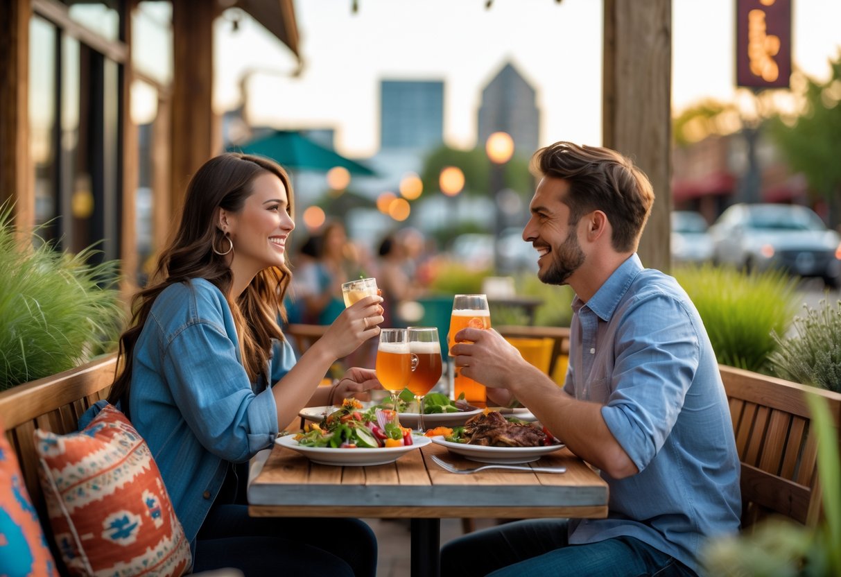 A young couple enjoying a meal together outdoors at a local restaurant in Wichita, Kansas, surrounded by greenery and regional dishes on the table.