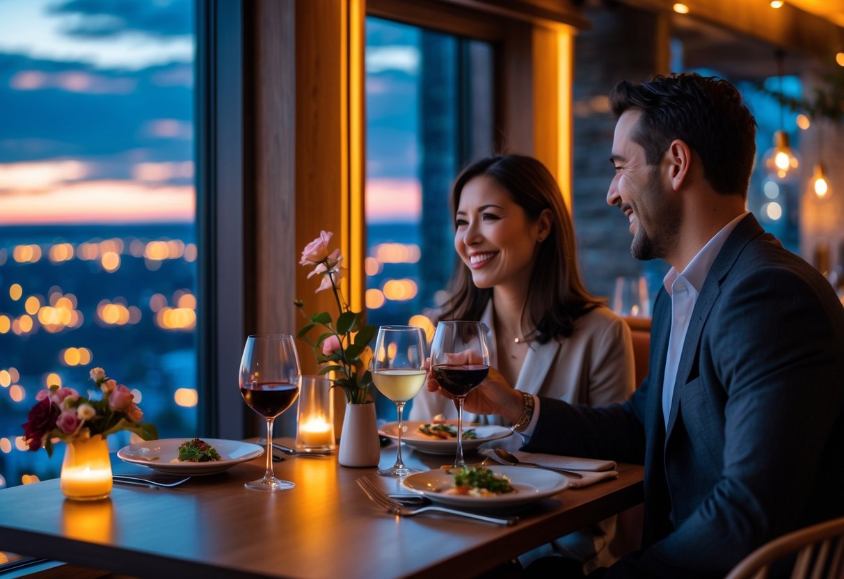 A couple enjoying dinner and drinks at a warmly lit restaurant table with a city view in the evening.