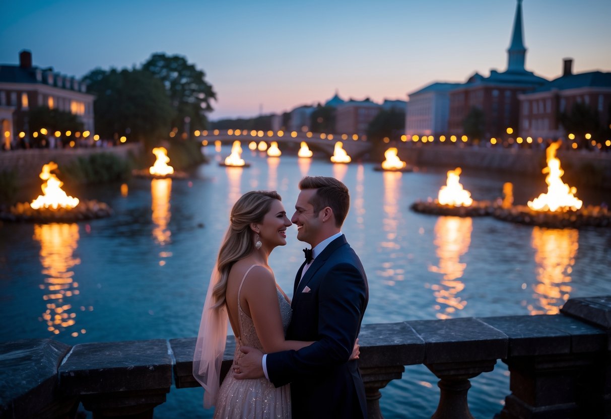 A couple standing on a stone bridge overlooking a river with glowing bonfires floating on the water during a nighttime event.