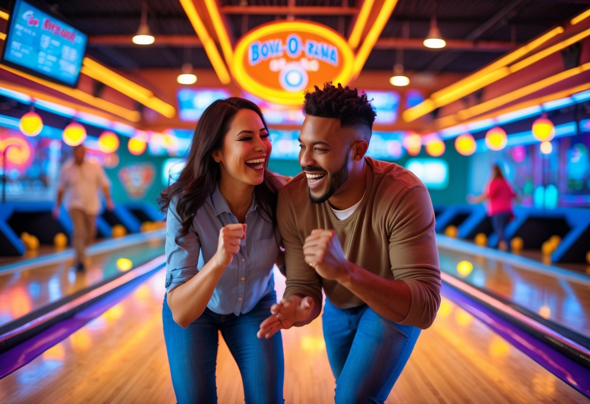 A couple smiling and bowling together at a busy bowling alley with colorful lights and wooden lanes.