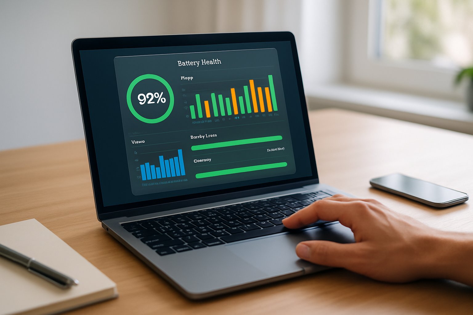 A laptop on a desk with a hand touching the keyboard and a battery health monitoring app visible on the screen.