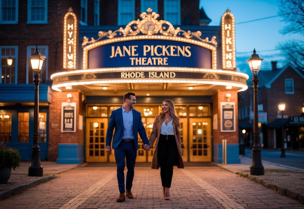 A couple walking hand in hand toward the entrance of a historic theatre at night, surrounded by warm lights and urban street elements.