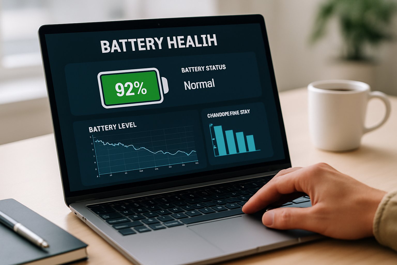 A person using a laptop on a desk with a battery health monitoring application visible on the screen.
