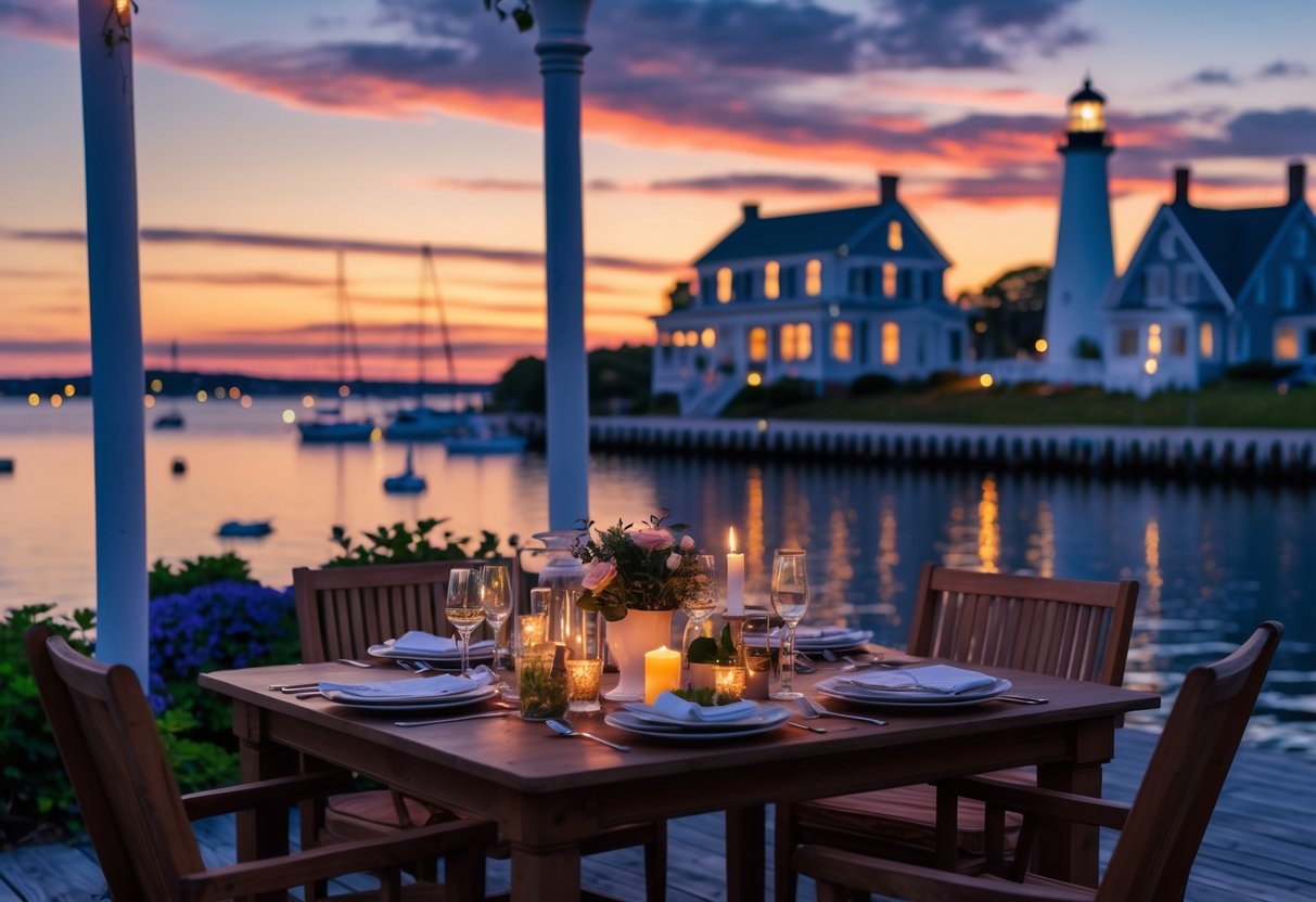 A romantic outdoor dinner table for two by a calm waterfront with sailboats and coastal buildings at sunset.