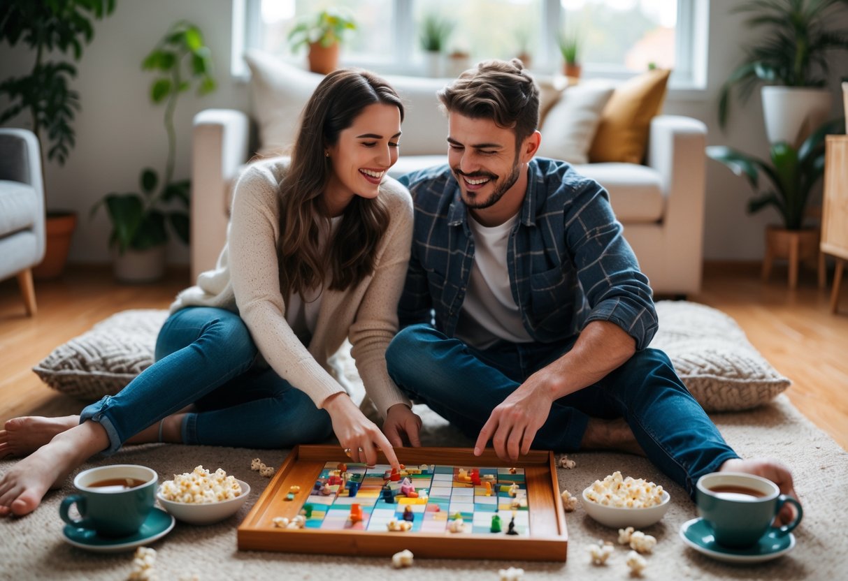A young couple sitting on a rug playing a board game and enjoying snacks in a cozy living room.