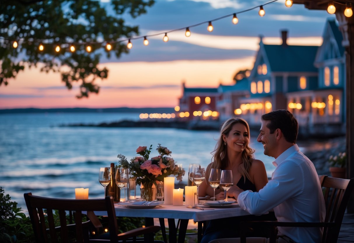 A couple enjoying a romantic dinner at an outdoor table by the waterfront at sunset in Rhode Island.