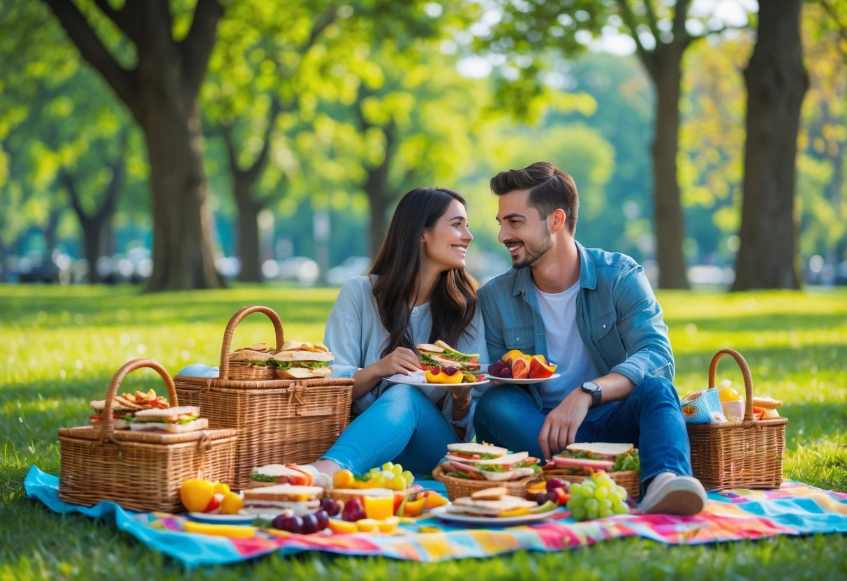 A young couple sitting on a picnic blanket in a park with homemade snacks around them, enjoying a sunny day.