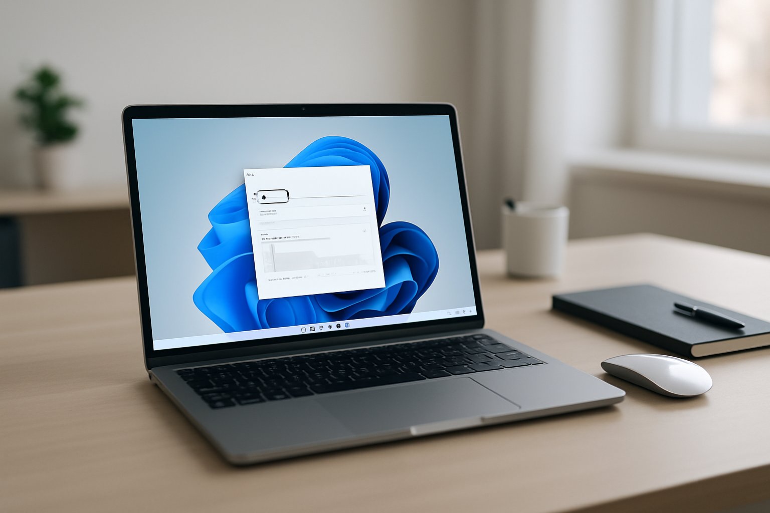 A laptop on a desk showing a battery health screen with office accessories around it.