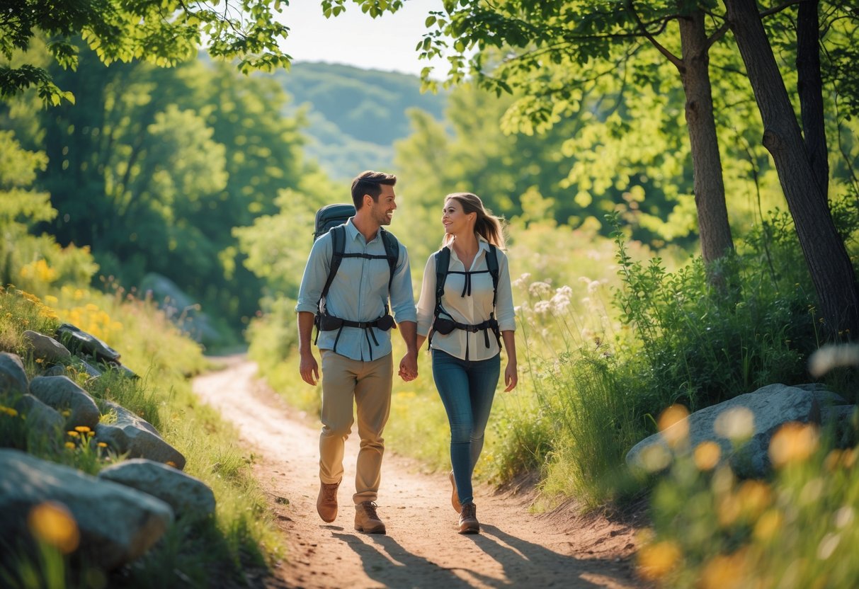 A young couple hiking together on a forest trail surrounded by green trees and sunlight.