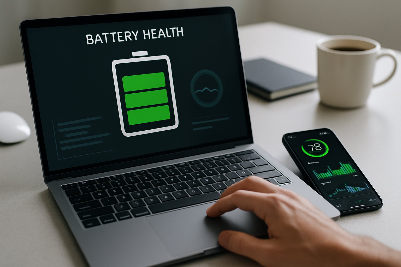 A person using a laptop on a desk with a smartphone nearby, focusing on checking laptop battery health.
