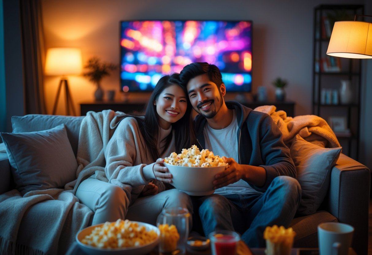 A young couple sitting on a couch at home, sharing popcorn and watching a movie together.