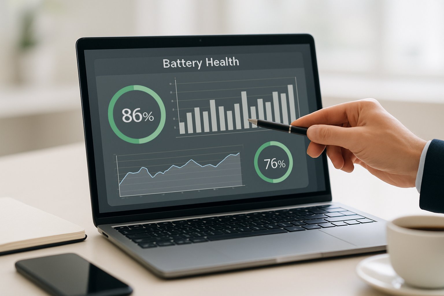 A person pointing at a laptop screen displaying battery health information on a desk with office items.