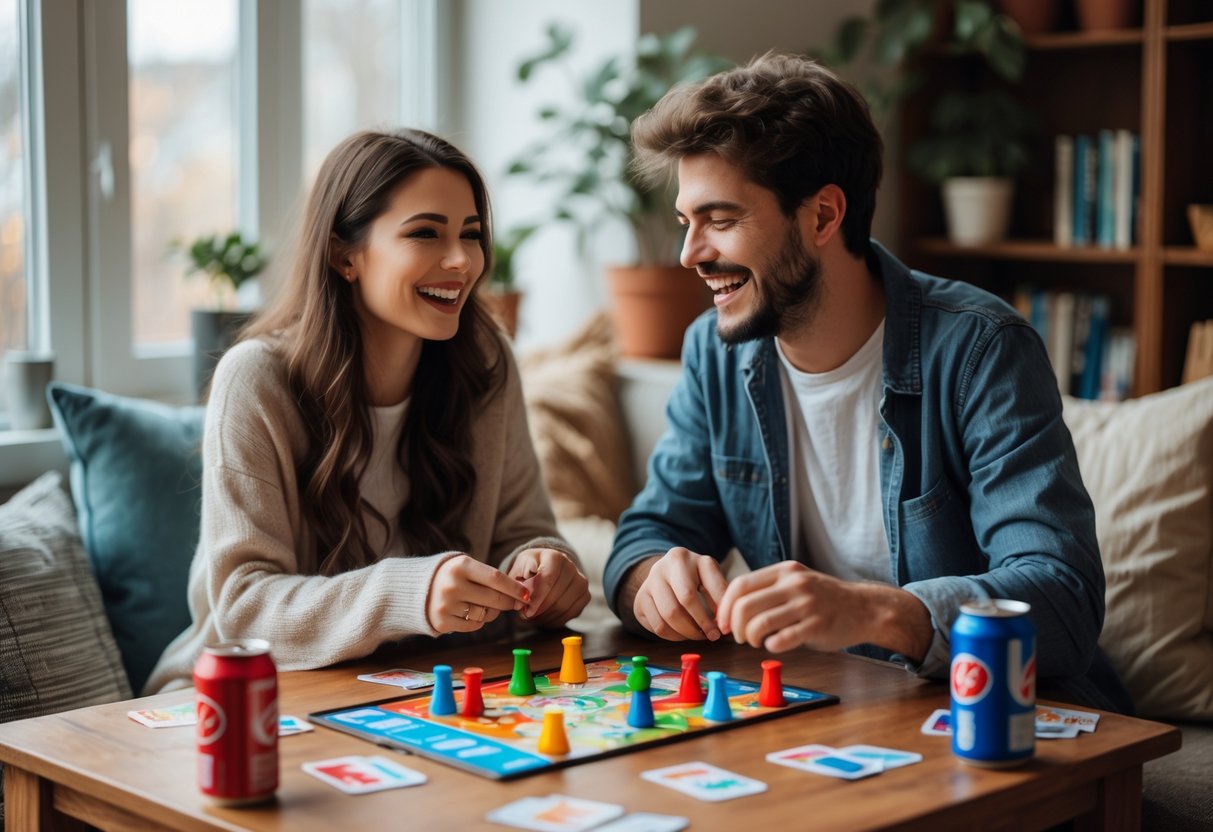 A young couple playing board and card games together at a small table, smiling and enjoying each other's company indoors.