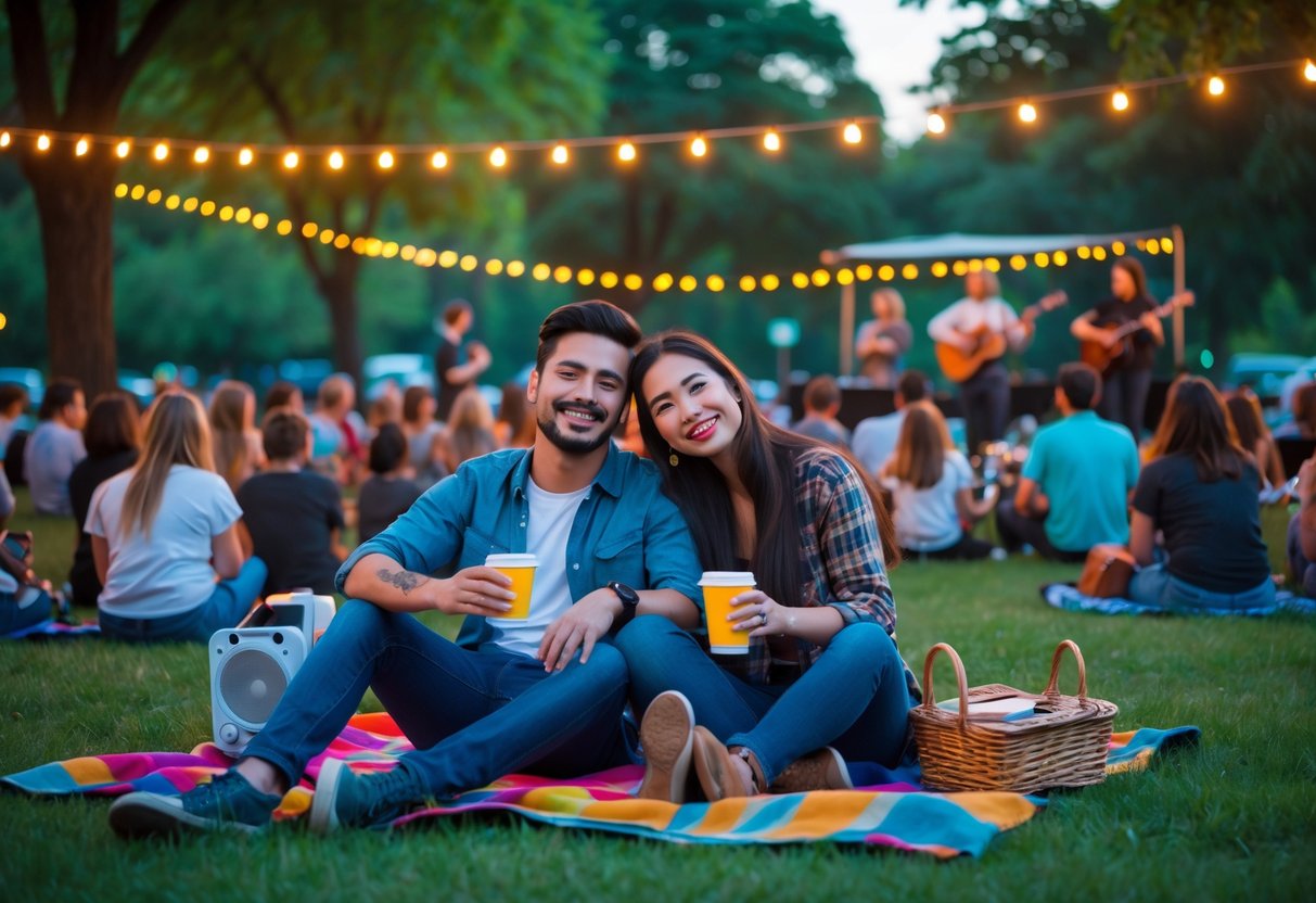 A young couple sitting on a picnic blanket at an outdoor community concert, enjoying live music in a park.