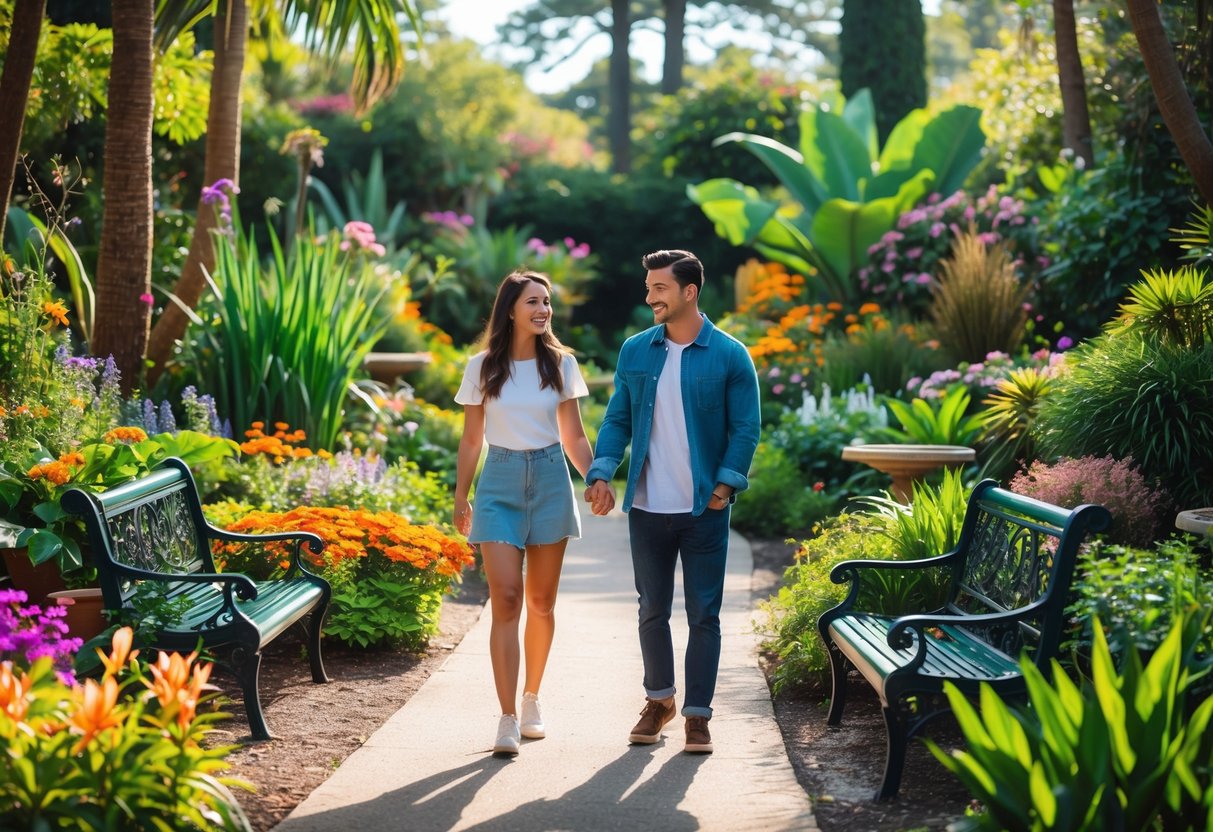 A young couple walking and enjoying a lush botanical garden with colorful flowers and greenery on a sunny day.