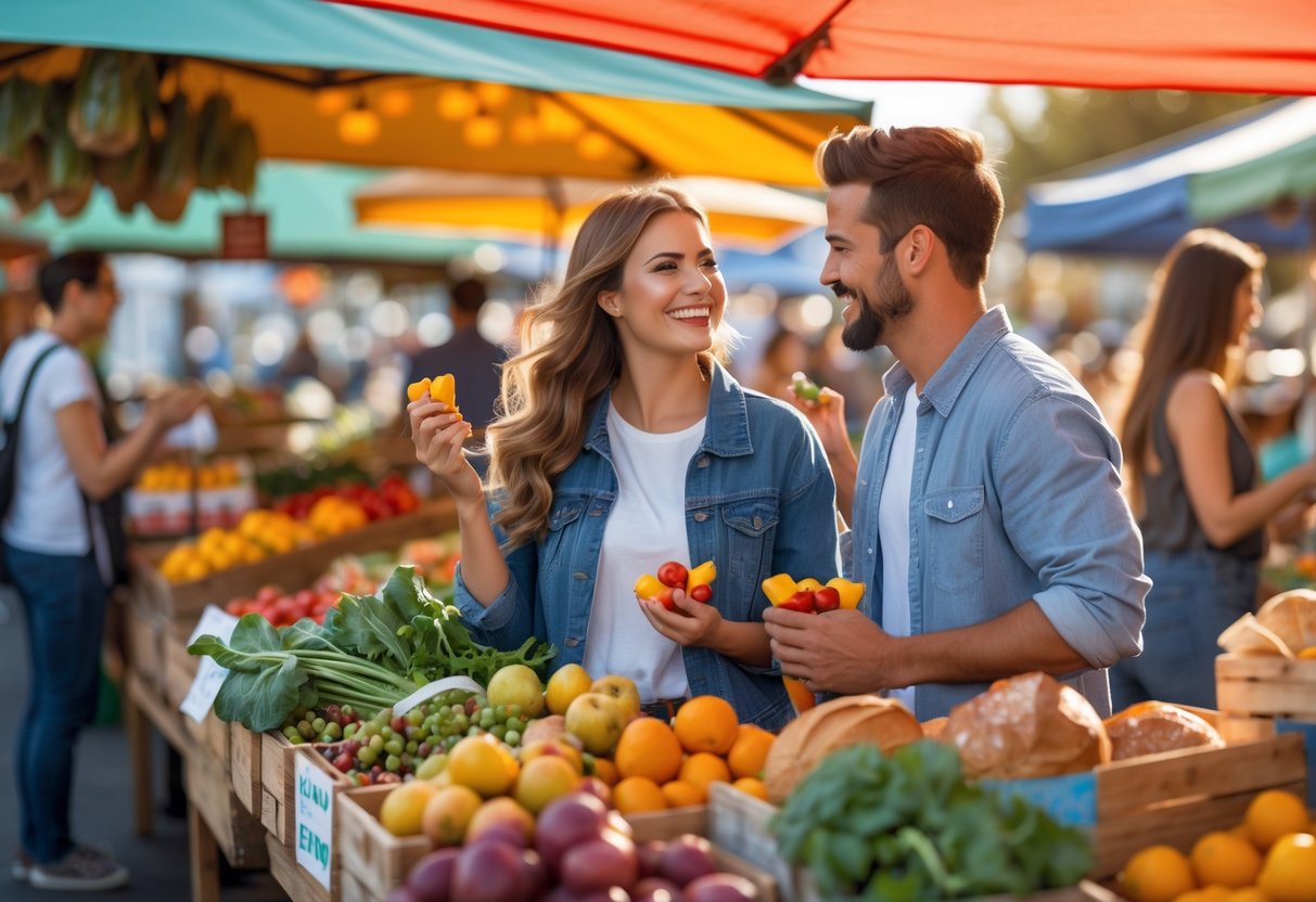 A young couple happily tasting samples at a busy farmers' market with fresh produce and market stalls around them.